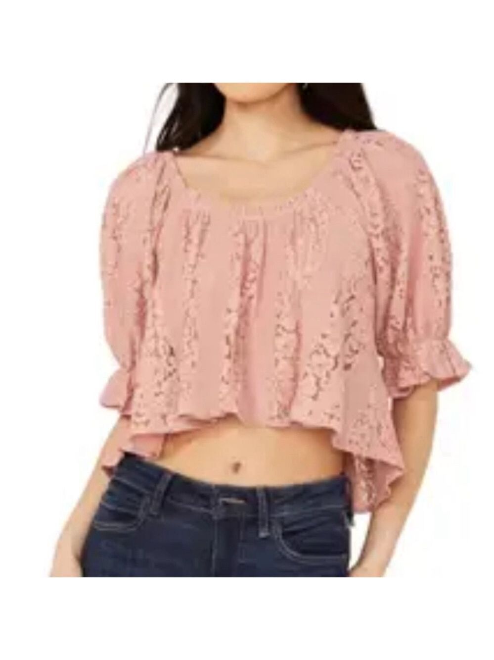 Free People lunch Pink Puff Sleeve Cropped lace Stacey Blouse small